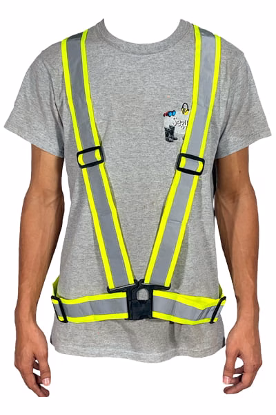 Chaleco Jopz tipo arnés cruzado verde con cinta reflectiva, ajustable para seguridad laboral