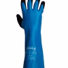 Guante químico nitrilo JUBA azul con palma arenosa negra 35cm para protección industrial