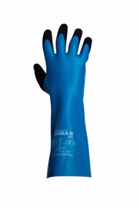 Guante químico nitrilo JUBA azul con palma arenosa negra 35cm para protección industrial