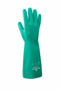 Guantes químicos nitrilo verde SHOWA 15 mil sin floca protección química industrial