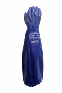 Guante químico nitrilo azul alimenticio 26” Showa para industria Honduras