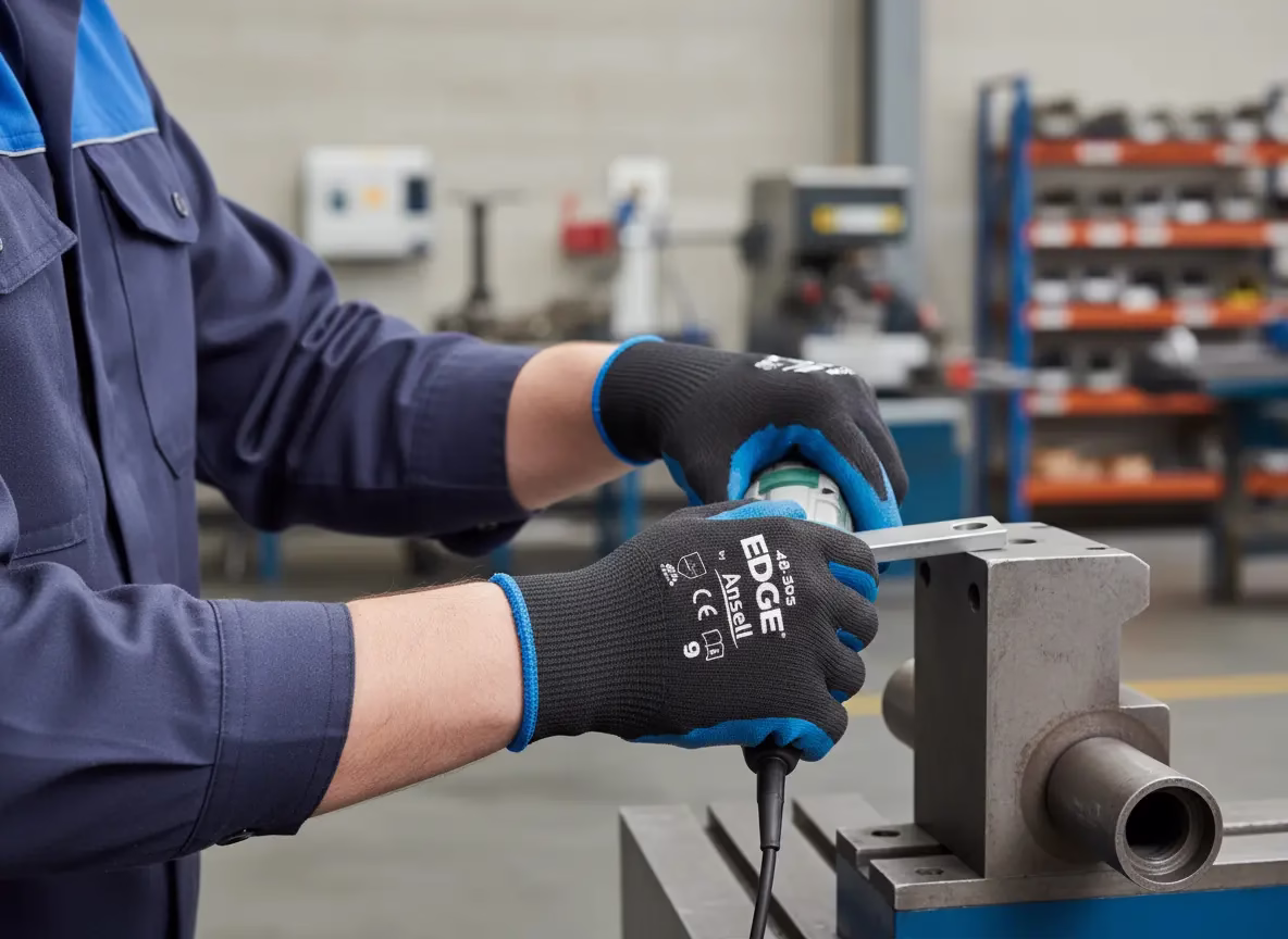 Trabajador usando guantes de seguridad industrial certificados en ambiente laboral